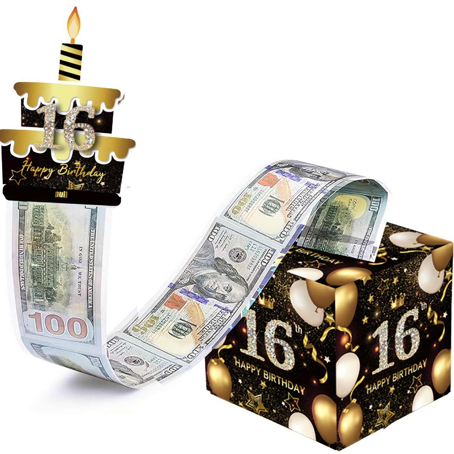 16岁生日主题现金箱快乐生日贺卡和50个透明袋惊喜现金箱现金箱现金适合庆祝生日活动万圣节感恩节圣诞节