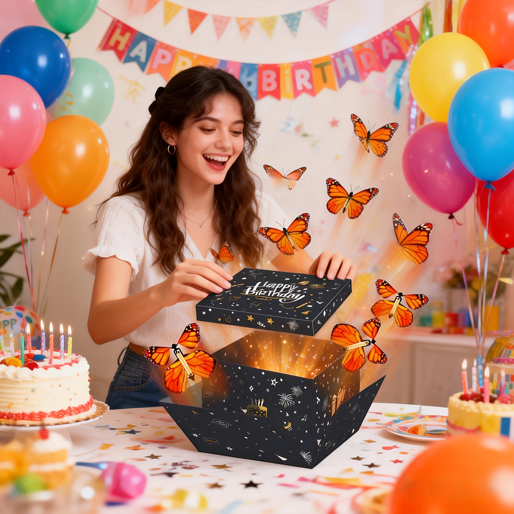 四边形黑色生日惊喜爆炸盒子多层礼物盒套盒适合生日情人节圣诞节及儿童礼物布置，带4只蝴蝶