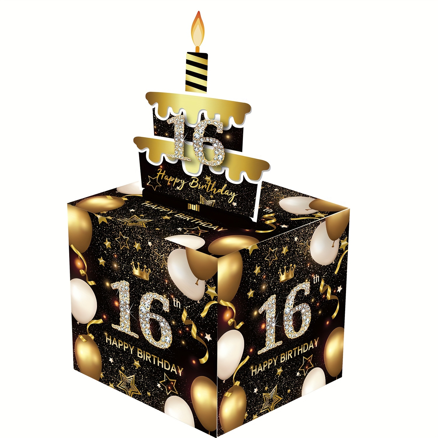 16岁生日主题礼盒，粉色方形礼盒快乐生日贺卡和50透明袋惊喜礼盒现金礼盒现金礼盒适合庆祝生日活动万圣节感恩节圣诞节