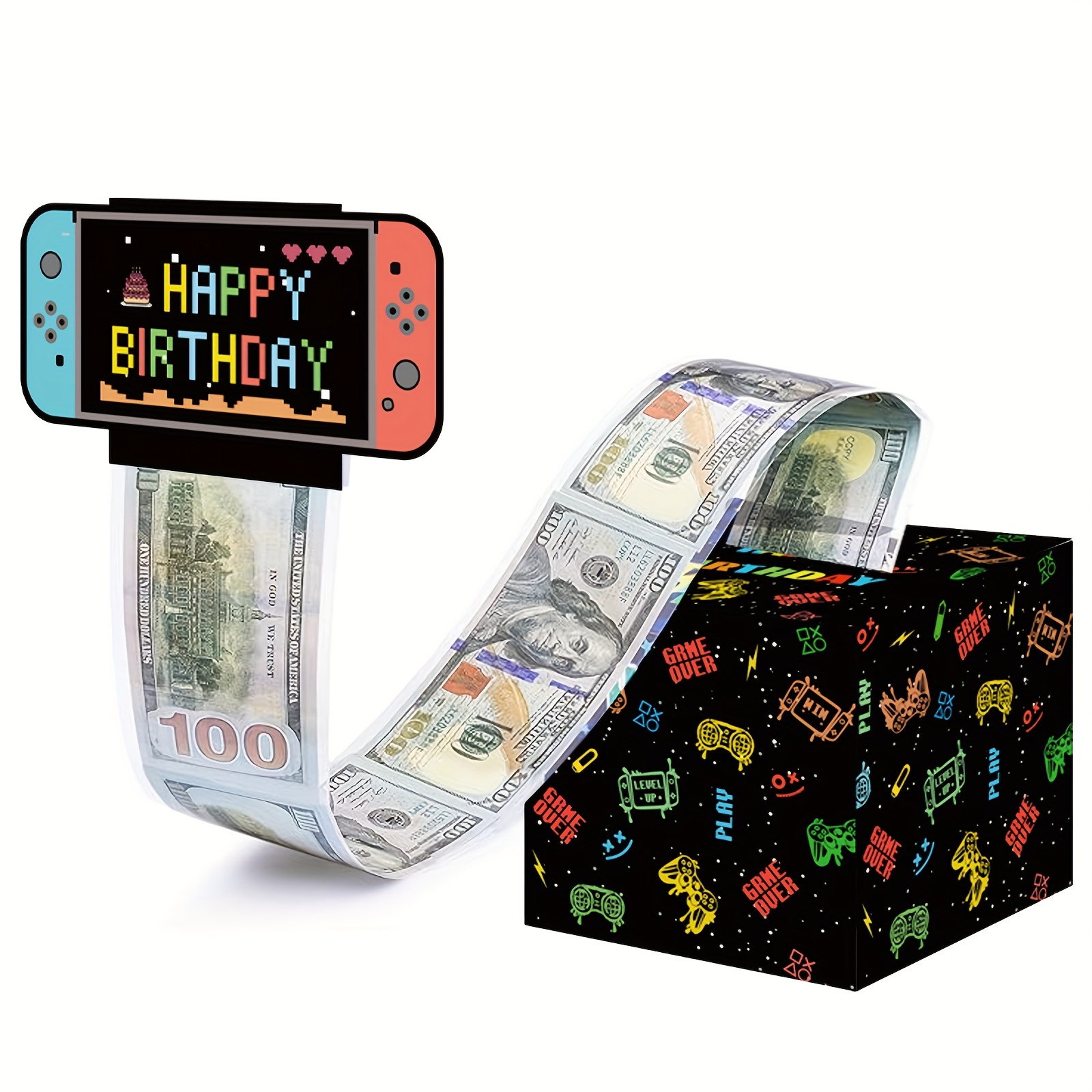 游戏机主题现金盒快乐生日卡和50透明袋惊喜现金盒现金盒适合庆祝生日活动万圣节感恩节圣诞节