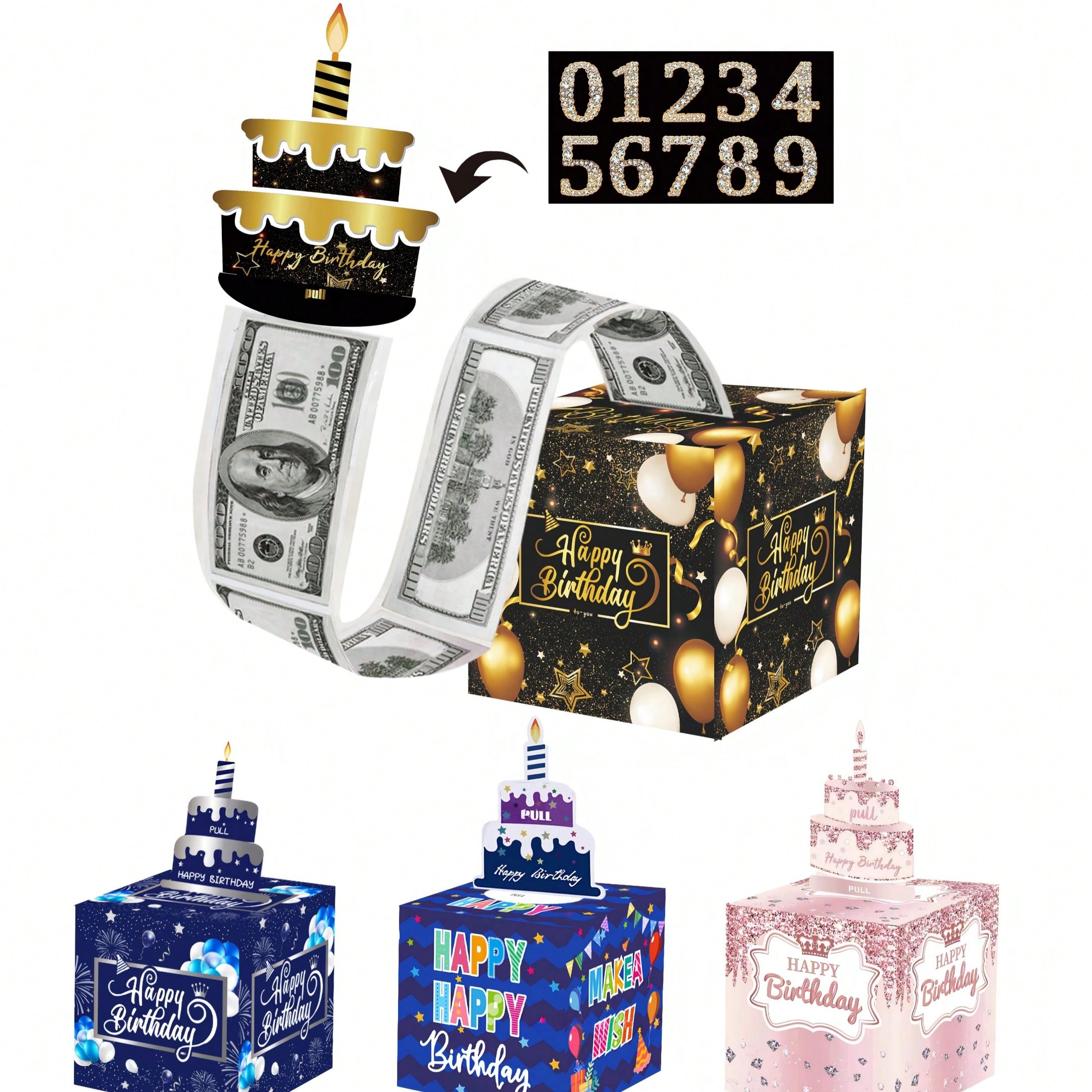 sh251225115872495802714 一套生日现金礼盒，可拉出装现金礼物，内含生日快乐贺卡和50个透明袋子，黑色/金色/蓝色/粉色礼盒，趣味十足的送礼方式，生日派对装饰礼物，惊喜礼盒