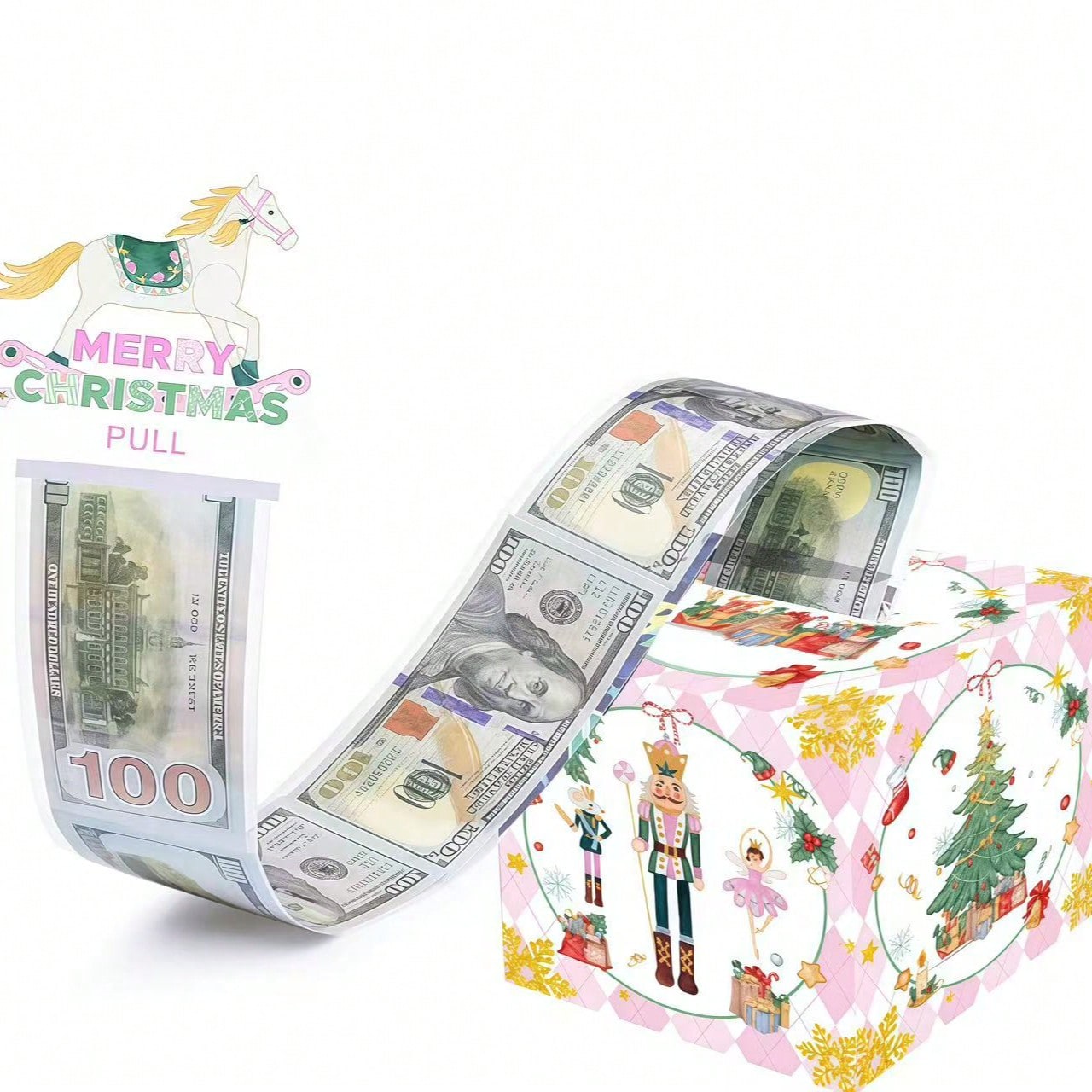 圣诞节现金礼盒,可拉出现金的惊喜礼盒,适合送给孩子和成人,附带50个透明袋子,是给亲朋好友的有趣现金礼物