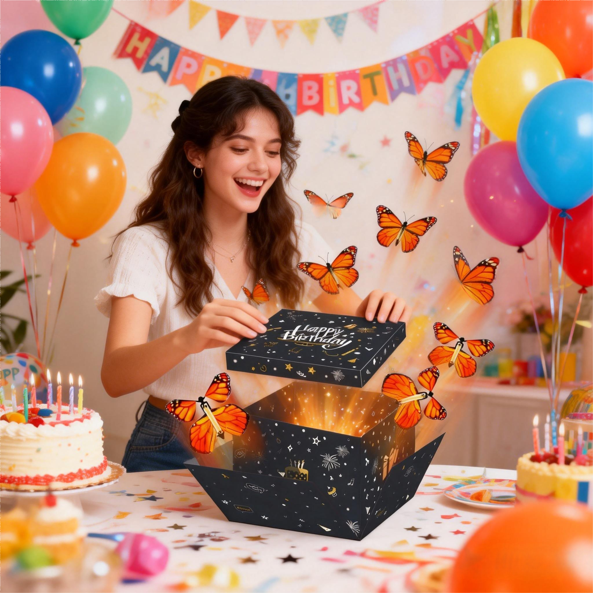 四边形黑色生日惊喜爆炸盒子多层礼物盒套盒适合生日情人节圣诞节及儿童礼物布置，带4只蝴蝶