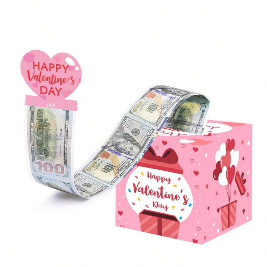 情人节拉钱盒-情人节现金储存盒带拉出卡片,情侣女士情人节DIY惊喜礼物盒